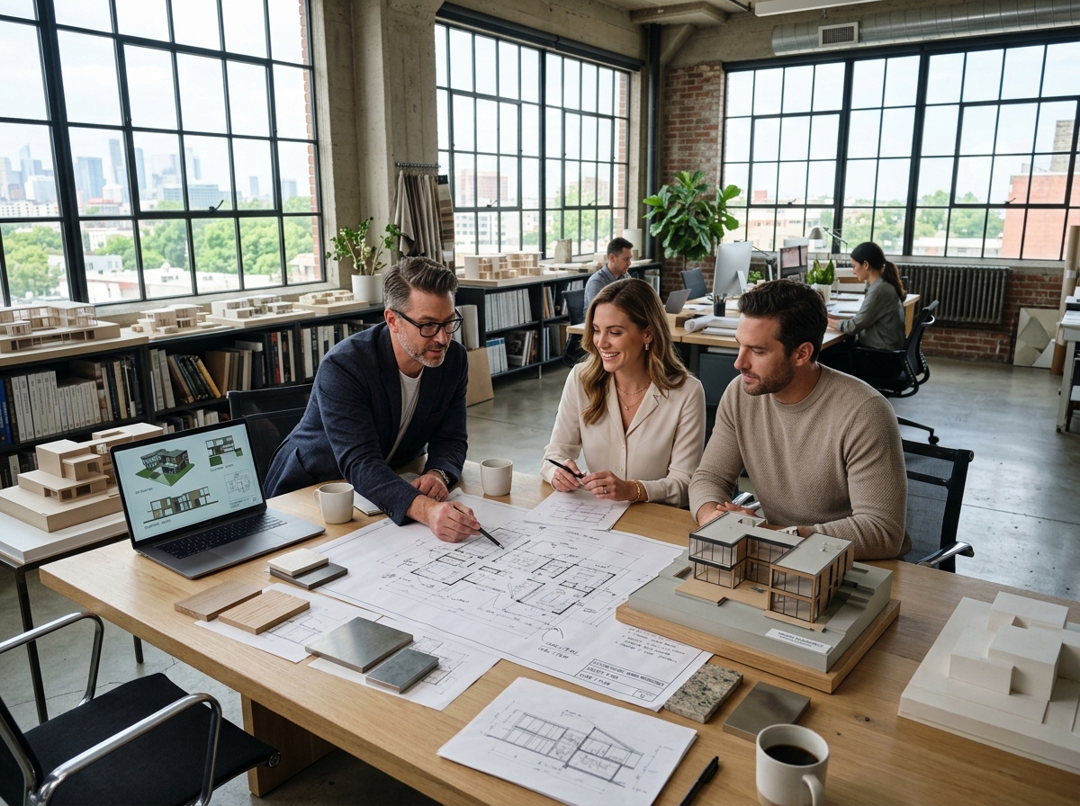 Homeowners collaborating with architect in design studio