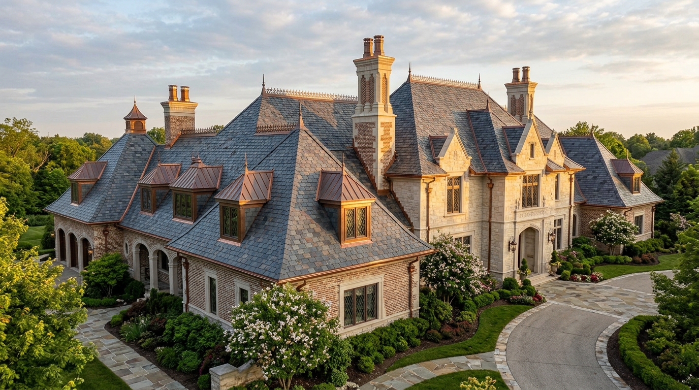 Luxury estate with handcrafted copper dormers, standing seam valleys, and slate roof