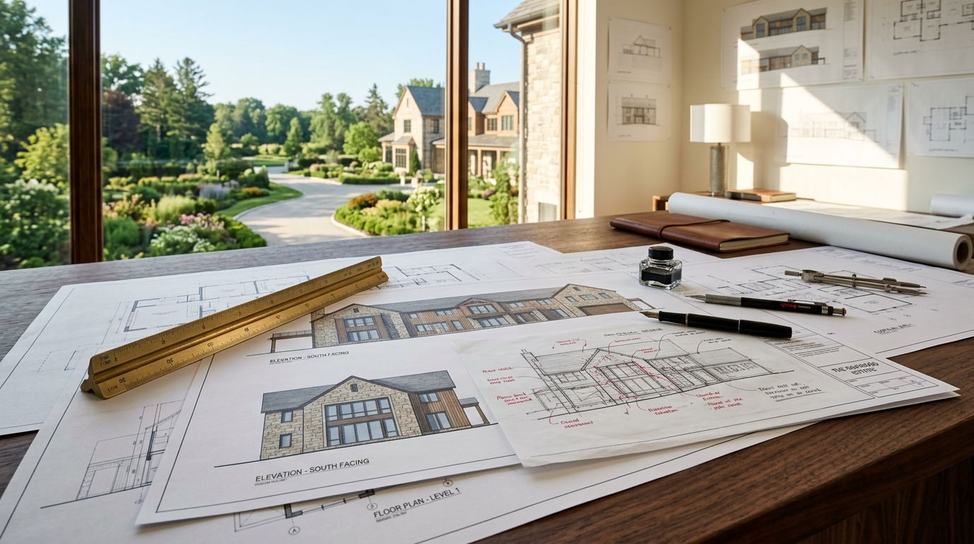 Architectural blueprints and drafting tools