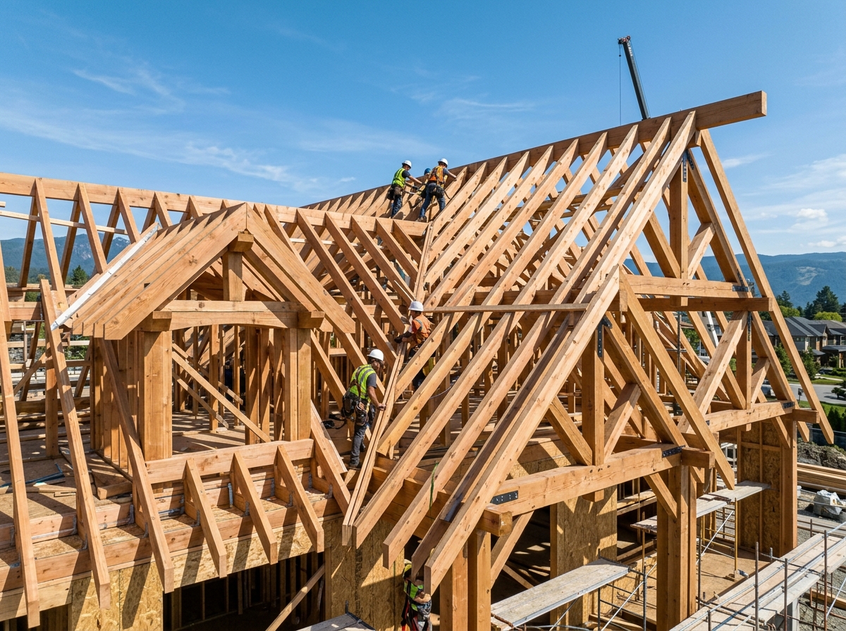 Complex timber roof framing under construction