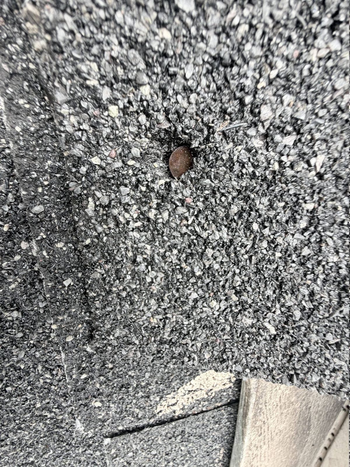 Small bare spot in an otherwise granule-covered asphalt shingle