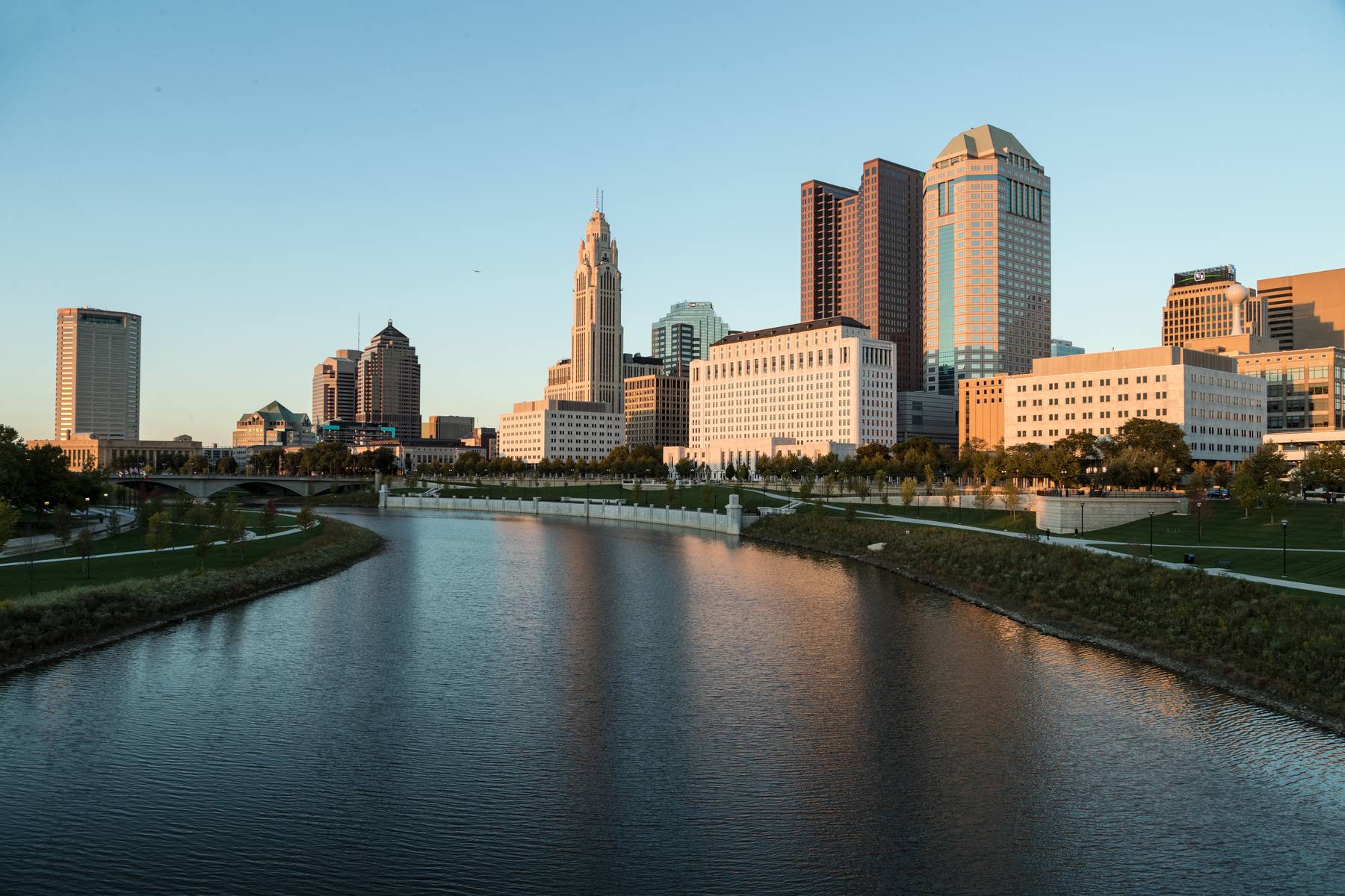 Downtown Columbus skyline across the Scioto River, with the LeVeque Tower